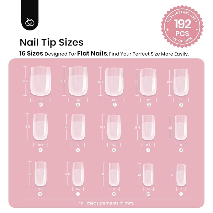 Beetles Tipex Instant Apex Nail Tips Square Short 16 Sizes 192 Pcs Pre-Etched Pre-Building Strong Thick Acrylic Tips