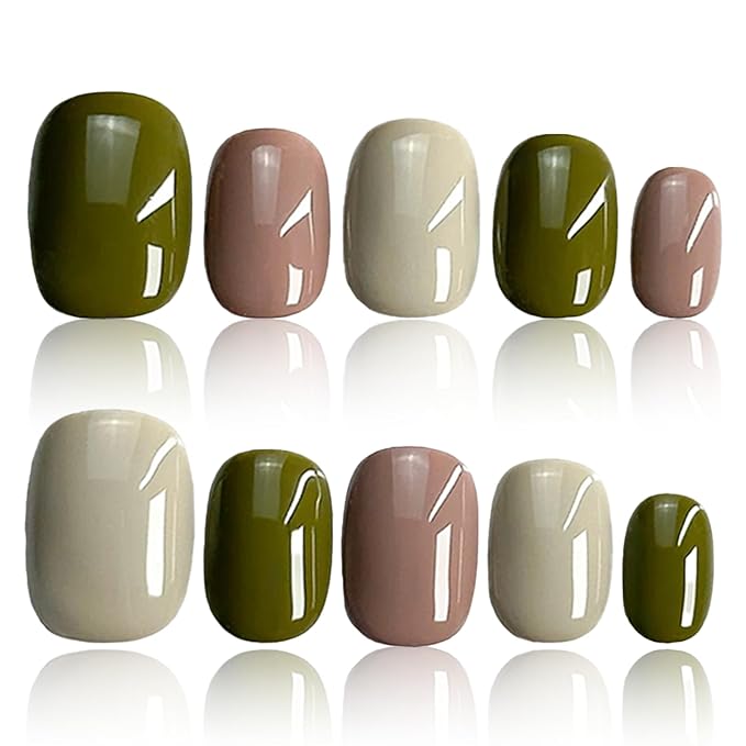COOLYOUNG Press On Nails Short Square, Mixed Color - Pink, Beige, Green, 25 PCS Handmade Acrylic Fake Nails