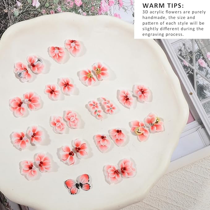 30PCS 3D Handmade Flower Nail Art Charms Advanced Handcrafted Cherry Blossom Flower Colorful Sculpted Floral Nails with Rhinestone Caviar Beads Design for Women Profession Nail Art Craft Jewelry