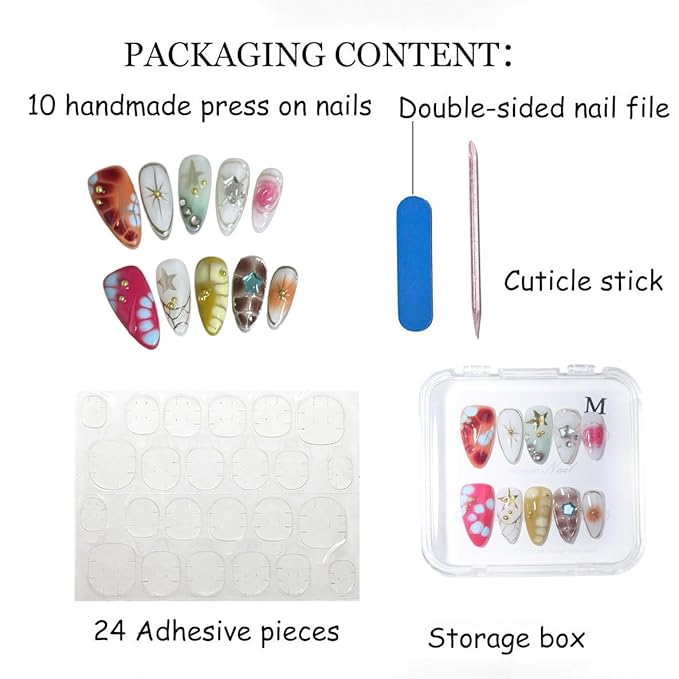 10 Medium Almond Handmade Press On Nails | Y2K Aesthetic Colorful Abstract Fake Nails with Marble, Star & Gold Studs |Reusable Salon Quality(5U01, M)