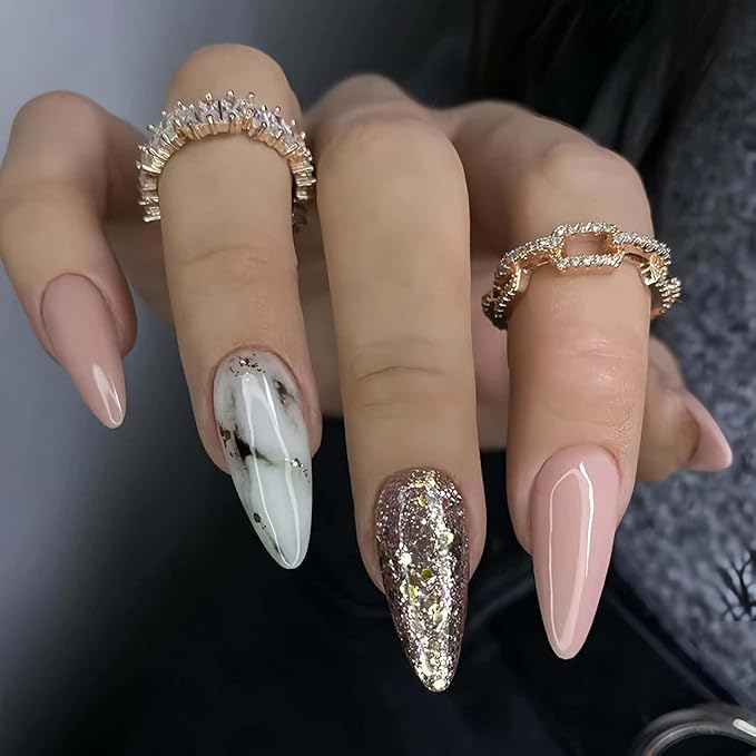 Medium Almond Press on Nails Silver Fake Nails White Leopard Print Designs Acrylic Glue on Nails Full Cover Pink Glossy Artificial Stick on Nails for Women 24 Pcs