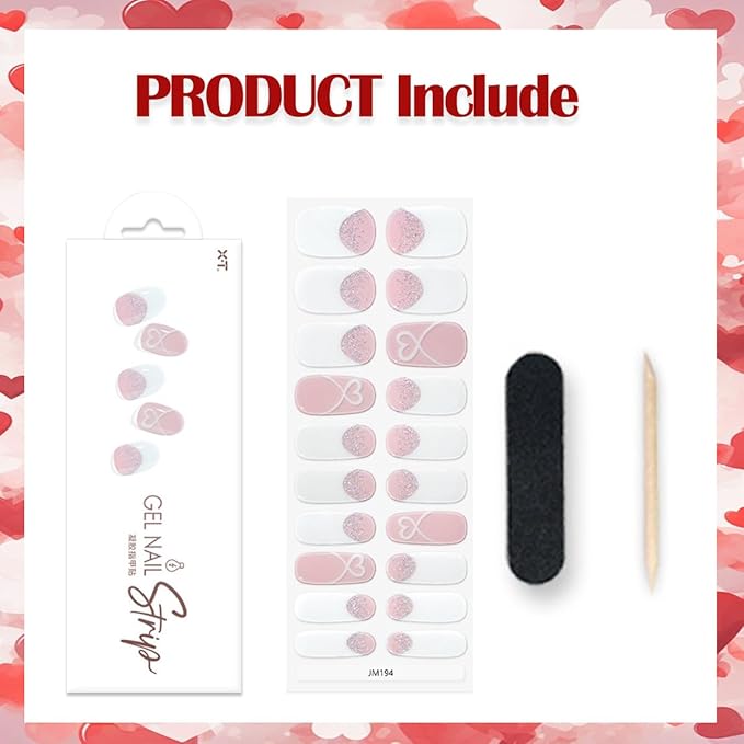 Valentines Day Semi Cured Gel Nail Strips 22Pcs Love Heart Gel Nail Stickers for Nail Art White Heart with French Tip Design Nude Pink Full Wrap Gel Nail Strips Sticker UV Light for Manicure Salon