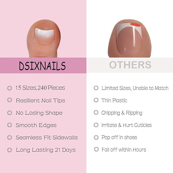 240Pcs Toe Press on nails, Short Brown Ombre Toe Nail Press Ons for Women in 15Sizes, French Tip False Toenails Extension, Soft Gel Toe Nail Tips, Acrylic Full Cover Fake Toenails for Girl