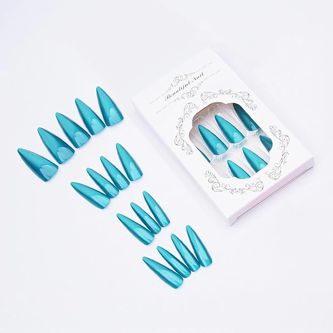 MISUD Press on Nails - Long Stiletto Fake Nails, Acrylic Summer Blue Green Cat Eye Design 24 pcs