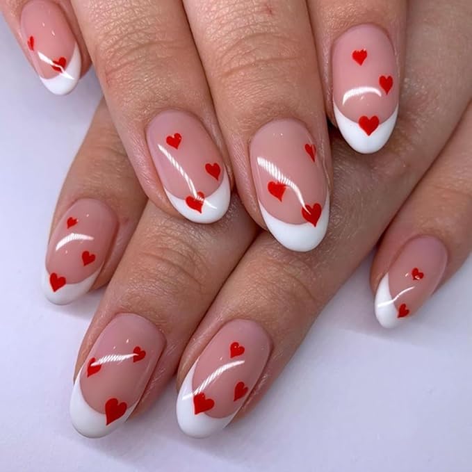 Short Press Almond White French Tip False Nails with Red Heart Design - Glue on Glossy Full Cover Stick on Nails 24Pcs