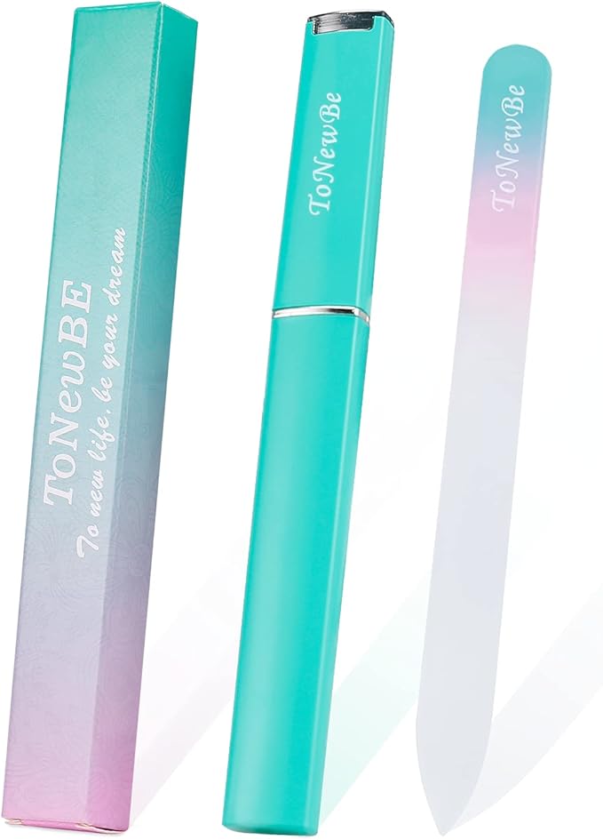 Glass Nail File in Case, Glass Fingernail File, Christmas Gifts Stocking Stuffers, Double-Sided Etched Crystal Nail File for Nail Art & Nail Care(Green)