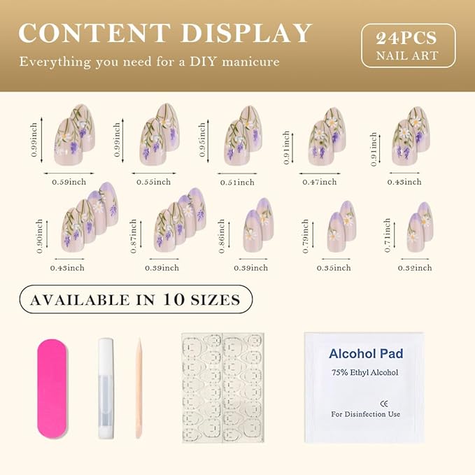 evpct Nude Pink Press on Nails Medium Almond with Lavender Flower Design, Full Cover Fake Nails Reusable Perfect Fit Nail Kit with Gel, Gel Stick on French Floral Nail for Women Manicure, 24Pcs