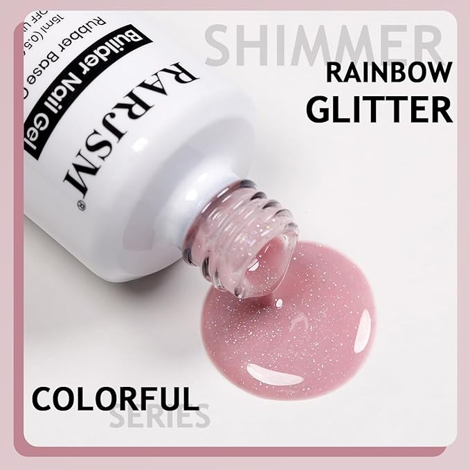 RARJSM Glitter Rubber Base Gel Nail Polish Nude Pastel Pink Rubber Base Rainbow Iridescent Shimmer Brush on Quick Extend Builder Hard Gel Soak Off Curing Requires 15ml Salon Home French Manicure