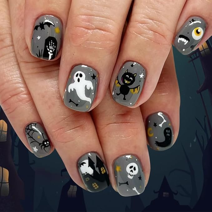 2 Packs 48Pcs Halloween Press on Nails Short Square Fake Nails Ghost Acrylic Nails with Eye Bat Pumpkin Designs Gray Black Glue Stick on Nails for Women Girls Festival Decoration