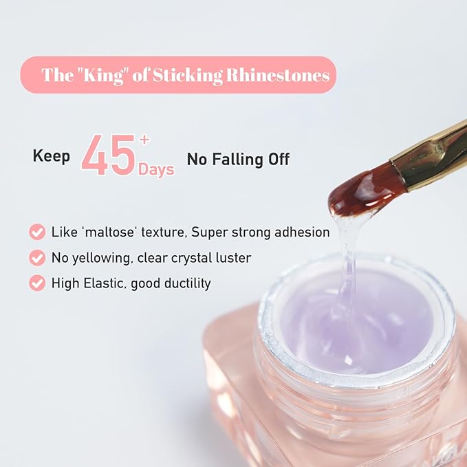 VARNAIL Elastic Gem Gel, No Wipe Stick Gel, Super Sticking Nail Gel Long Lasting Gel, Universal Gem Gel for Rhinestones and Nail Accessories (Ultra Stiky -Maltose 8g)