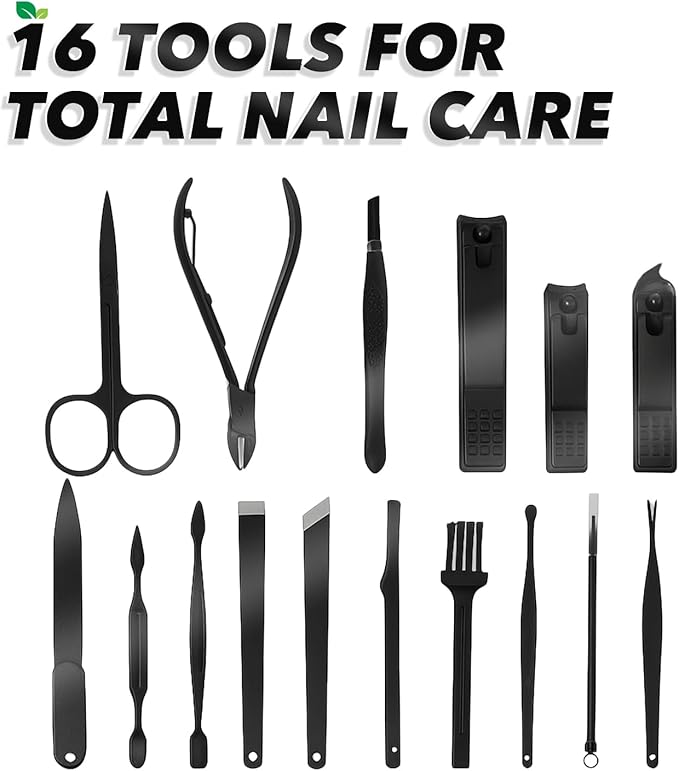 Earth & I 16pc Professional Manicure Kit - Heavy Duty Black Stainless Steel Nail Clippers for Thick Nails - Complete Pedicure Set & Grooming Tools with Portable Travel Case