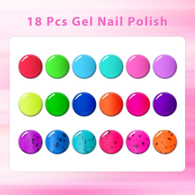 MEET ACROSS 18 Colors Glow in the Dark Gel Nail Polish, Halloween Neon Luminous Gel Polish Set Purple Blue Orange Glow Effect Eggshell Gel for DIY Nail Art Salon