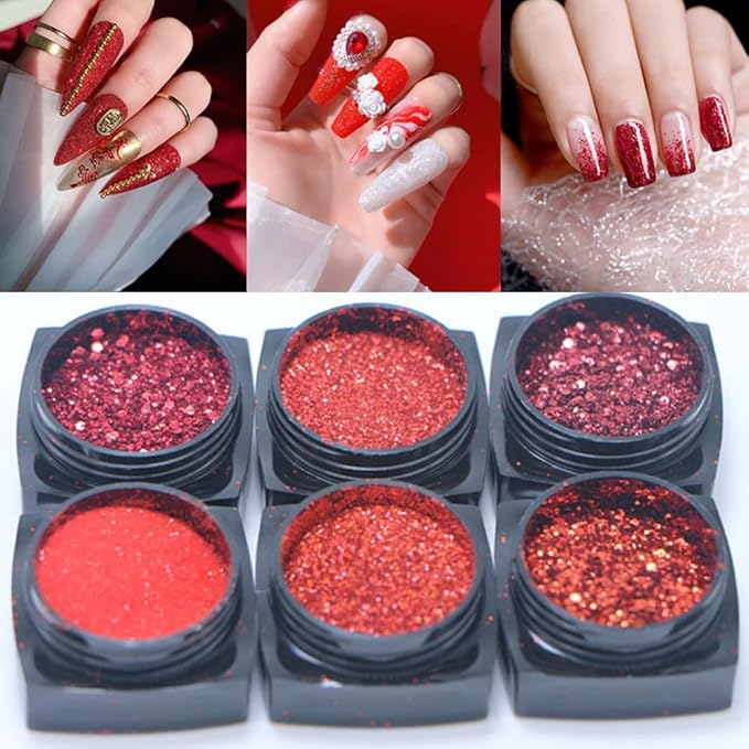 Red Nail Art Glitter Sequins Red Crystal Diamond Sparkly Nail Powder Valentine's Day Nail Supplies New Year Wedding Shiny Nail Flakes for Women Girls Holographic Manicure Tips Charms Pigment 6 Boxes