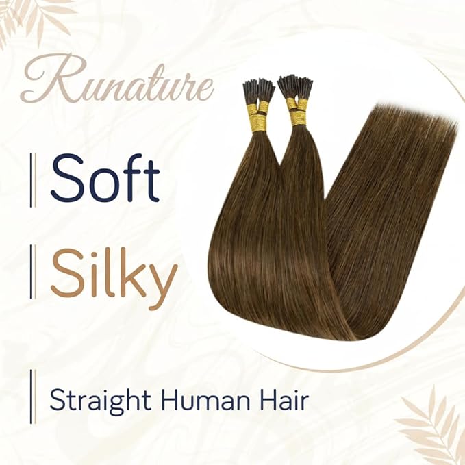 RUNATURE Brown I Tip Hair Extensions Human Hair 100 Strands Itip Hair Extensions Real Soft Hair Cold Fusion Can Be Styled with Heat 16 Inch 50G #4 Medium Brown