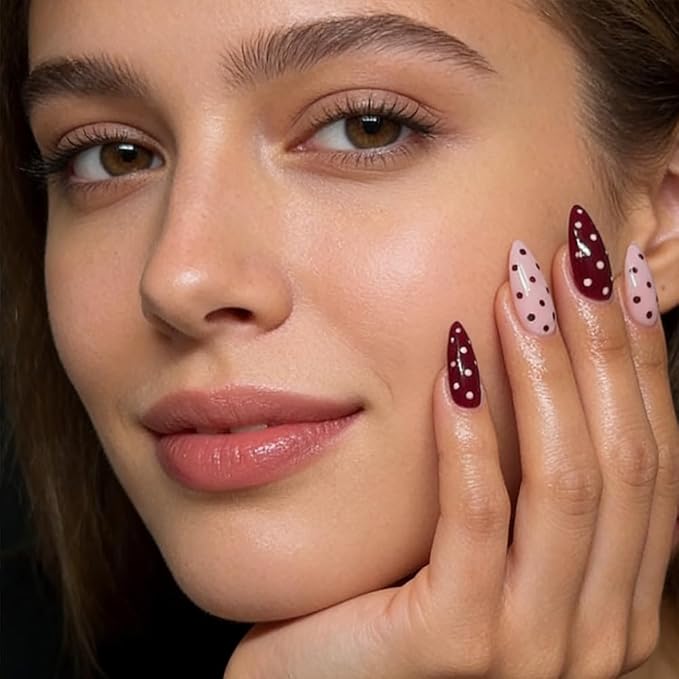 Polka Dot Press on Nails Medium Almond Fake Nails Pink False Nails Press ons with Designs Acrylic Glossy Full Cover Cute Glue on Nails Reusable Artificial Stick on Nail for Women Manicure 24 Pcs