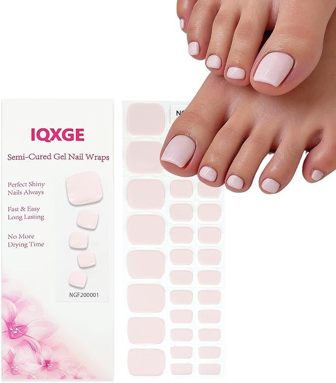 32 Pcs Semi Cured Gel Toe Nail Strips Milky White Gel Nail Stickers Full Cover Nails Wraps Self Adhesive Toe Nails Polish Strips Stickers for Women UV/LED Light Required