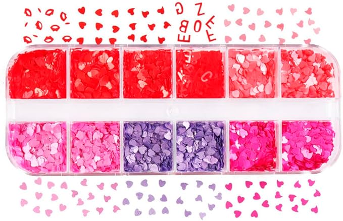 12 Grids Nail Art Heart Red Glitters 3D Holographic Love Lip Nail Pink Sequins Decals Flakes for Valentines Day Nail Art Manicure Decorations