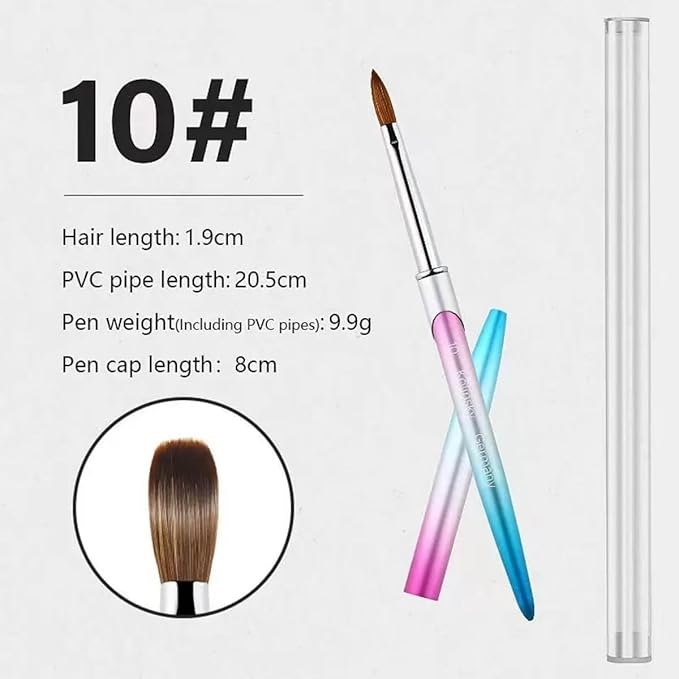 100% Pure Kolinsky Acrylic Nail Brush Size 10, Hair Acrylic Crystal Ombre Blue Silver Pink with Silver Ferrule Round Shaped for Women Girls Manicure Nail Tools Accessories