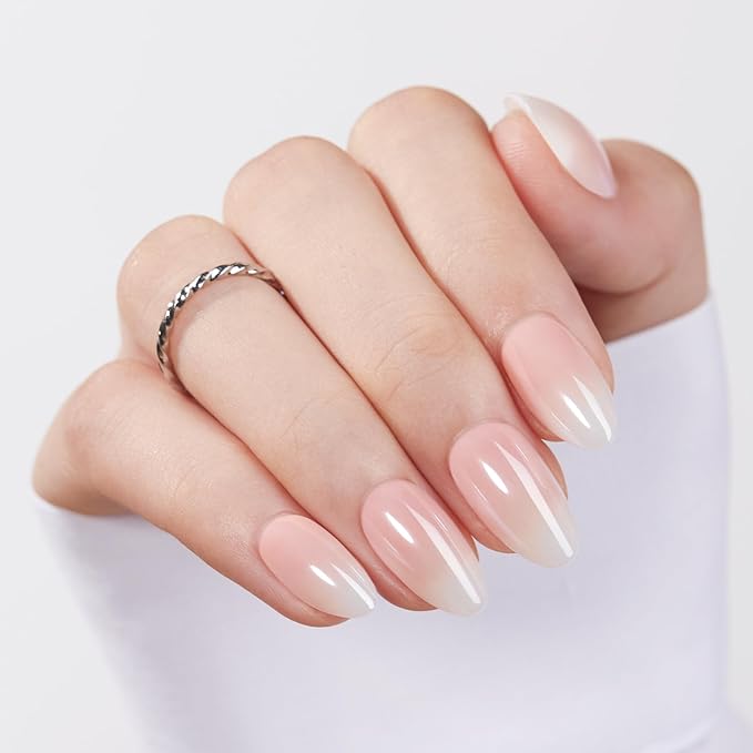 Modelones Pink Ombre Press on Nails Almond, Spring Chrome Short Fake Nails, Nail Kit with Nail Glue Adhesive Tabs Mini Nail File, Nails Press Ons 32Pcs16 Sizes, Women Girl Gift