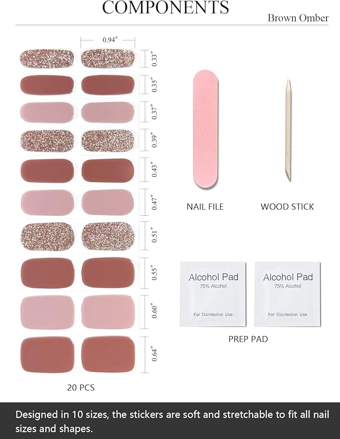 Semi Cured Gel Nail Strips (Brown Omber), 20 Pcs Gel Nail Wraps, Stickers, Long Lasting, Works With Any UV Lamps