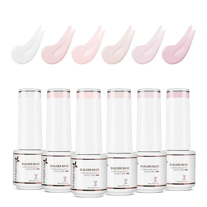 Nicedeco Builder Nail Gel Polish 6pcs, Hema Free, Cruelty Free, Vegan, Base Colors Nude Pink Hard Strengthener Rubber Gel Extension Kit 49
