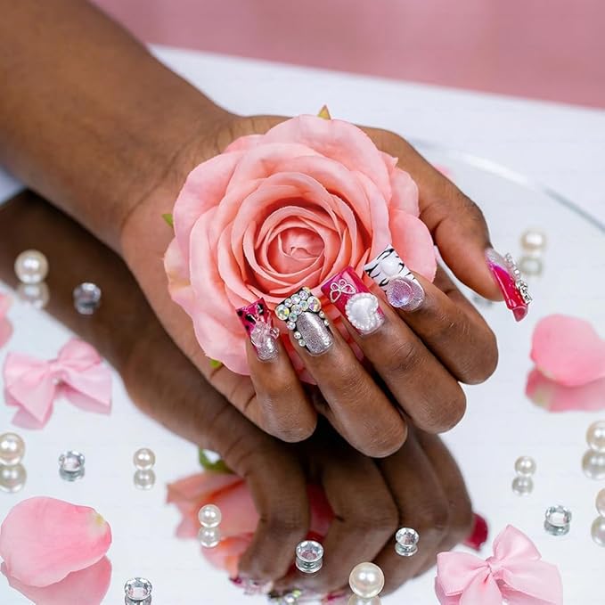 10 Pieces Luxury Acrylic Press On Nails Short Handmade Duck Nails, Pink Thickened False French Nails, 3D Hearts, Butterflies And Stars, Reusable Fake Nails, Acrylic Nails (L)