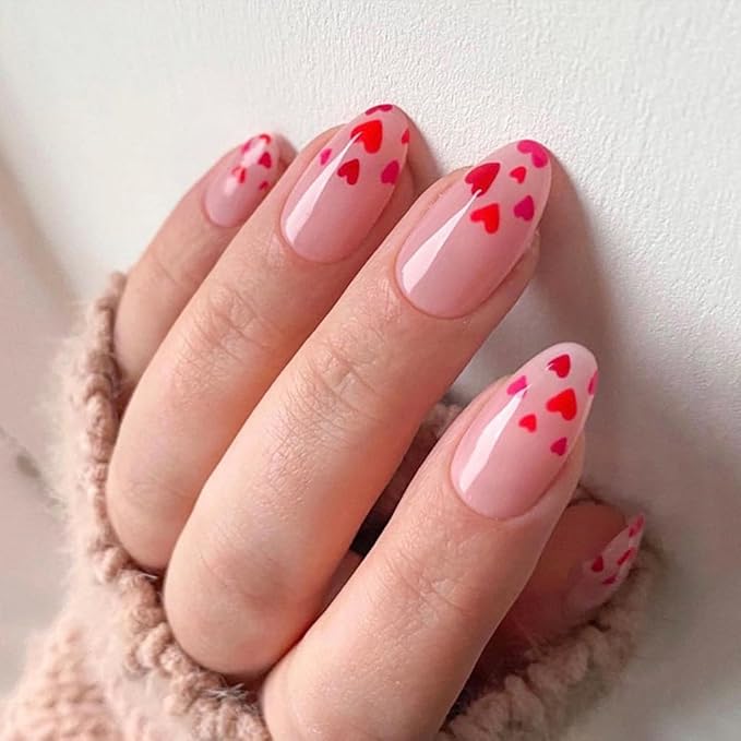 Press on Nails Almond - Medium Fake Nails with Red Heart Desgin - Glossy, Full Cover Stick on False Nails for Women - 24 Pcs
