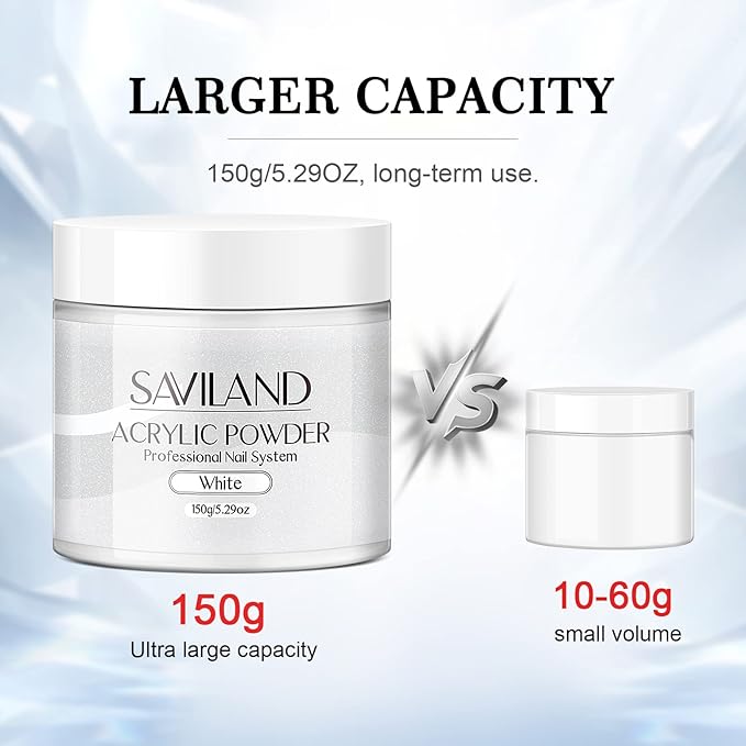 Saviland White Acrylic Nail Powder 5.29OZ/150g Acrylic Powder Large Capacity Professional Nail Art 3D Flowers Carving Nail Extension French Manicure DIY at Home No Nail Lamp Needed
