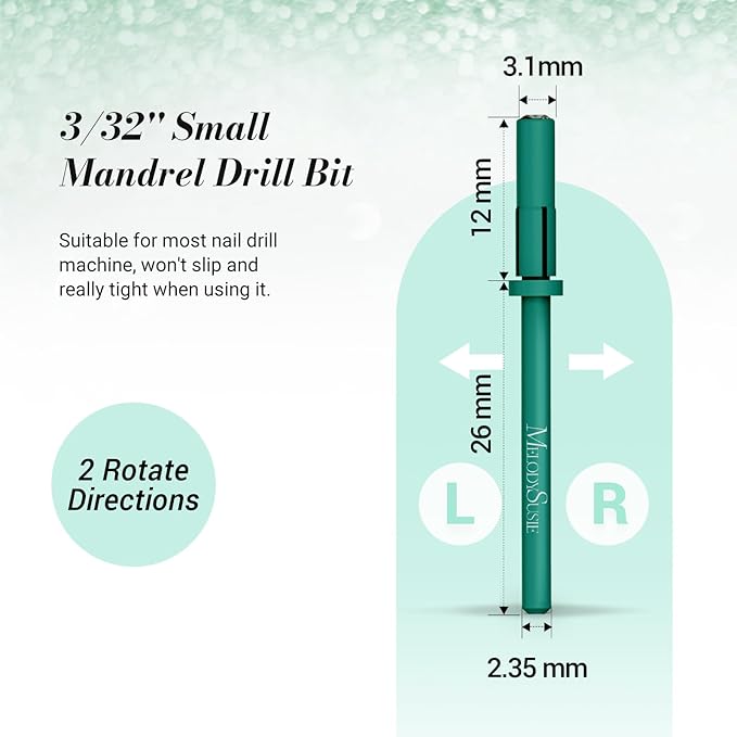 MelodySusie Small Crystal Top 3.1mm Mandrel Bit for Nails, 3/32'' Easy Off Nail Drill Bits for Sanding Bands, Suitable for Acrylic Nails Gel Manicures and Pedicures, Dark Green