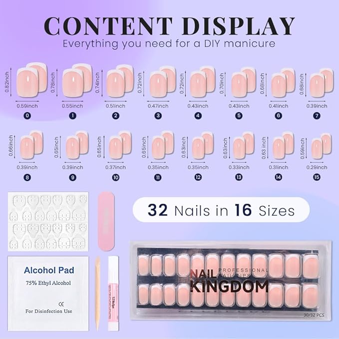 Nude+White French Tips Press on Nails, Short Square Acrylic Fake Nails Design, Natural Reusable Glue-On Nails Kit for Women DIY False Nail Art Decoration Gift, Salon Quality Reusable 32 Pcs