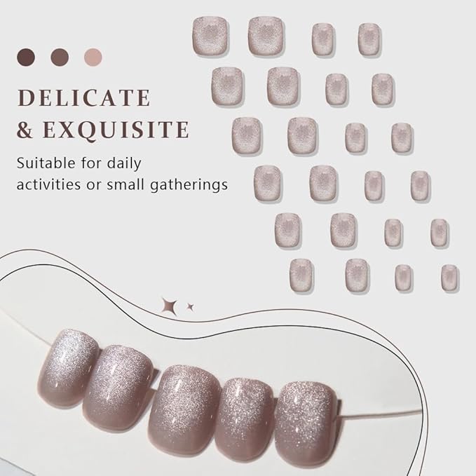 evpct Nude Cat Eye Extra Short Press on Nails Square, Petite Short Square Stick on Nails for Women Gift, Champagne Metallic Glitter Glossy Reusable Soft Gel Press on Acrylic Fake Nail with Designs