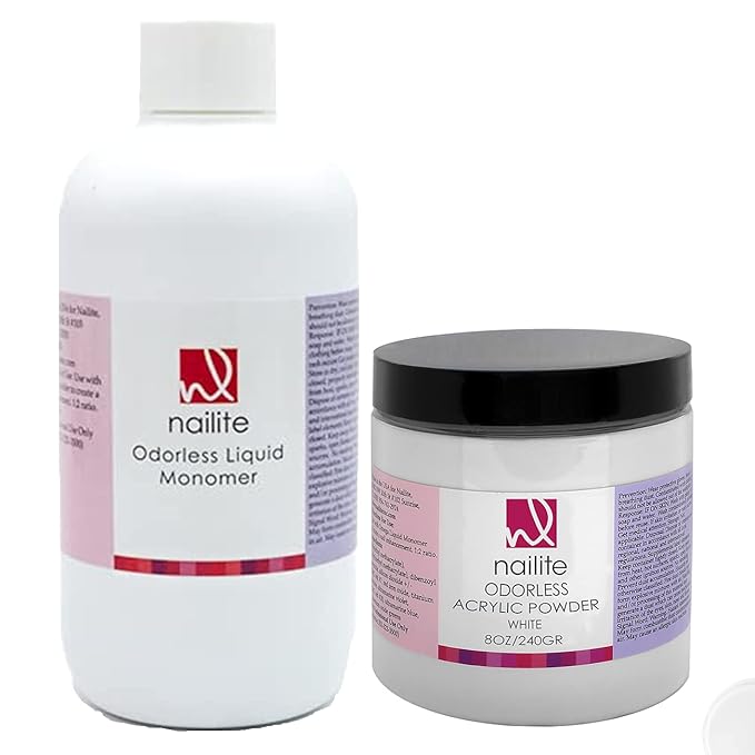Odorless Liquid Monomer + White Acrylic Powder - Professional System for Nail Extension, Non-Yellowing Effect and EMA Formula – Kit 8 Oz.
