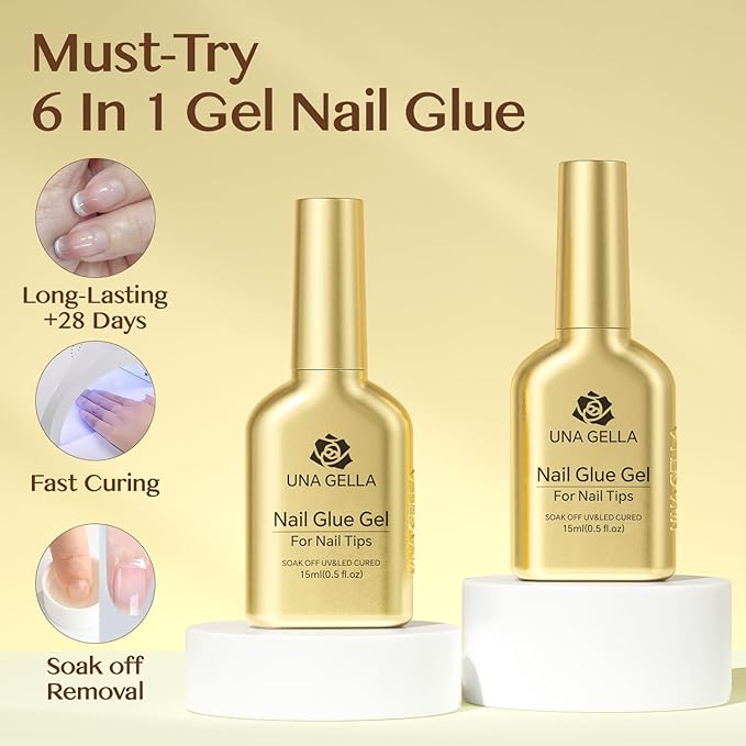 UNA GELLA 6 in 1 Gel Nail Glue for Clear Acrylic Nails Tips, 2Pcs 15ml Super Strong Brush UV Nail Glue Long Lasting Lamp Curing Required for Fake Nails Tips