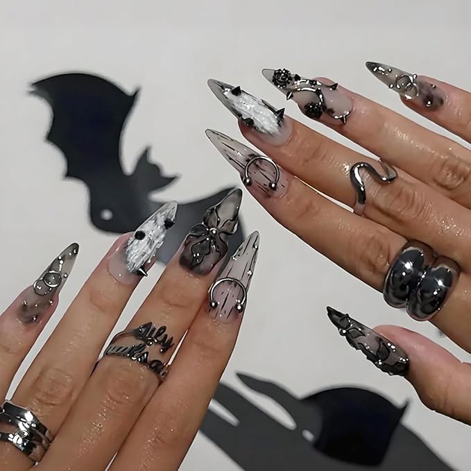 24Pcs Black Handmade Press on Nails Long Stiletto Gothic Fake Nails with 3D Black Rose Metal Piercing Rivets Design Punk Acrylic Nails Y2k Almond False Nails Goth Flower Glue on Nails for Women