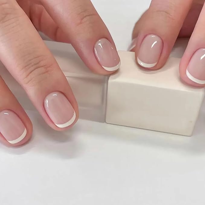 Short Square Press on Nails Petite MABKJLF French Tip Fake Nails Light Pink Full Cover White Nail Tip False Nails with Nail Glue Glossy Glue on Nails Manicure Artificial Nails for Women Girls 24Pcs