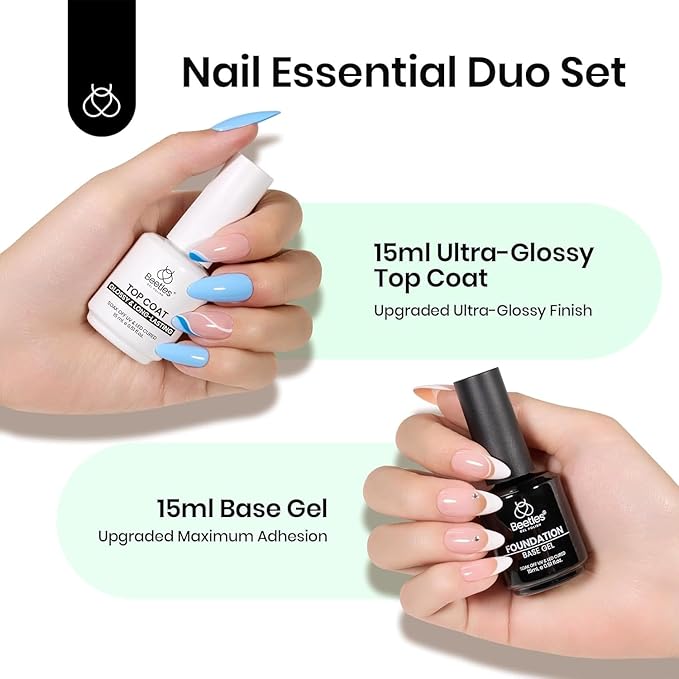 Beetles 2Pcs 15ml Gel Base and Top Coat Set - Upgrade No Wipe Extra Glossy Top Coat Finish for Gel Nail Polish, Soak Off UV/LED Lamp Needed, Essentials for Long-Lasting Manicure Kit