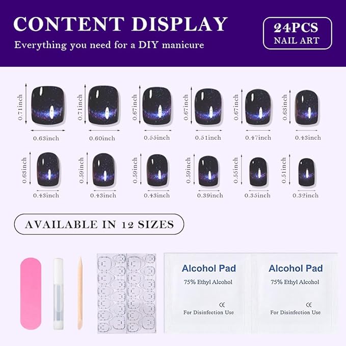 evpct Dark Blue Cat Eye Extra Short Press on Nails Square, Petite Short Square Stick on Nails for Women Gift, Smile Purple Metallic Glitter Glossy Reusable Gel Press on Acrylic Fake Nail with Designs