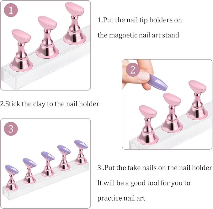 Etercycle Acrylic Nail Display Stand DIY Nail Crystal Holder Magnetic Practice Stands with Reusable Adhesive Putty Clay for False Nail Tip Manicure Tool (Pink)
