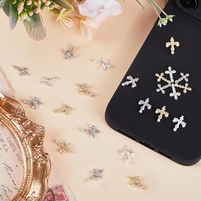 SUNNYCLUE 1 Box 60Pcs Cross Nail Charms Easter 3D Pearl Beads Nails Charms Bulk Mini Small Cross Bead Flatbacks Rhinestone Diamond Nail Art Charm Golden Silver Nail Cross Charms for Nails Decoration