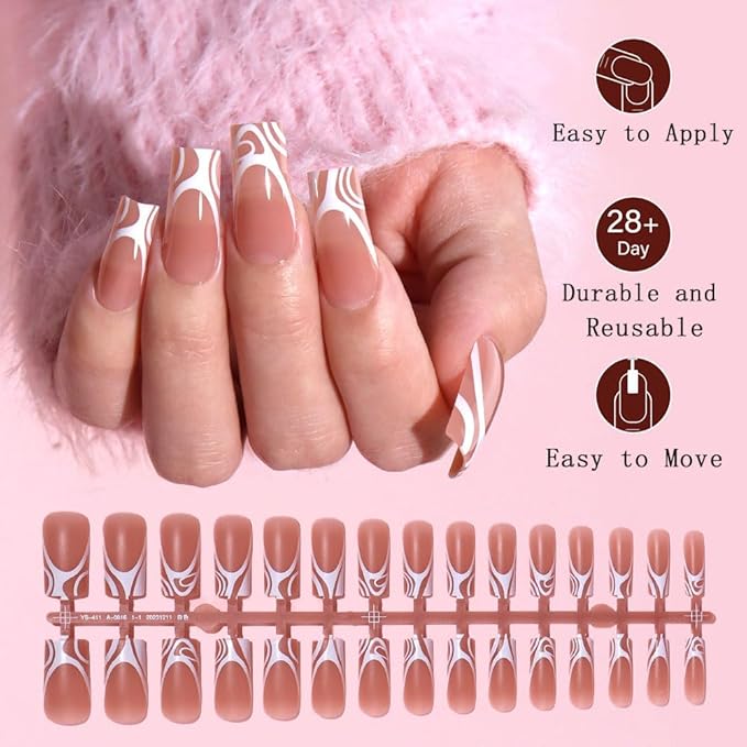 120 Pcs Medium Press on Nails Square French Tip Fake Nails with Stripe Design Full Cover Matte Stick on False Nails for Women 15 Sizes