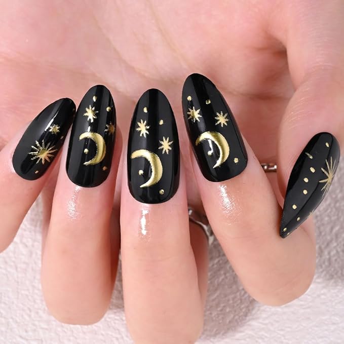 Black Star Moon Press on Nails, Long Almond Acrylic Fake Nails Design, Natural Reusable Glue-On Nails Kit for Women DIY 3D False Nail Art Decoration Gift, Salon Quality Reusable 15/30 Psc