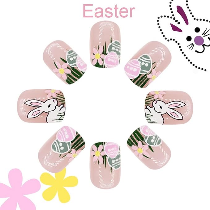 Easter Rabbit Fake Nails Short Square Shaped Press on Nails Full Cover False Nails with Flower Grass Designs Glossy Acrylic Nails Cute Bunny Easter Eggs Stick on Nails for Women DIY Manicure 24 Pcs