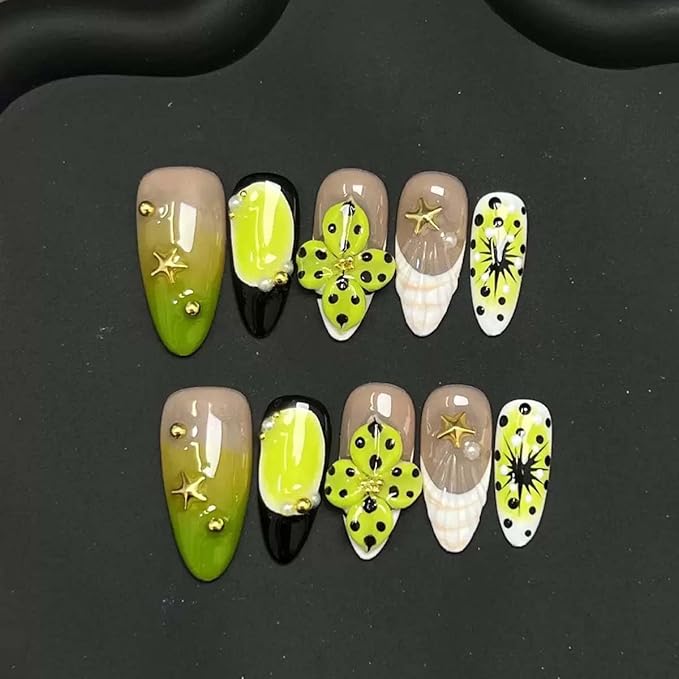 10Pcs Handmade Press On Nails Medium Almond Fake Nails 3D Flower With Star Gradient Design French Tip False Nails Full Cover Acrylic Glossy Floral Stick On Nail For Women (SIZE:Large)