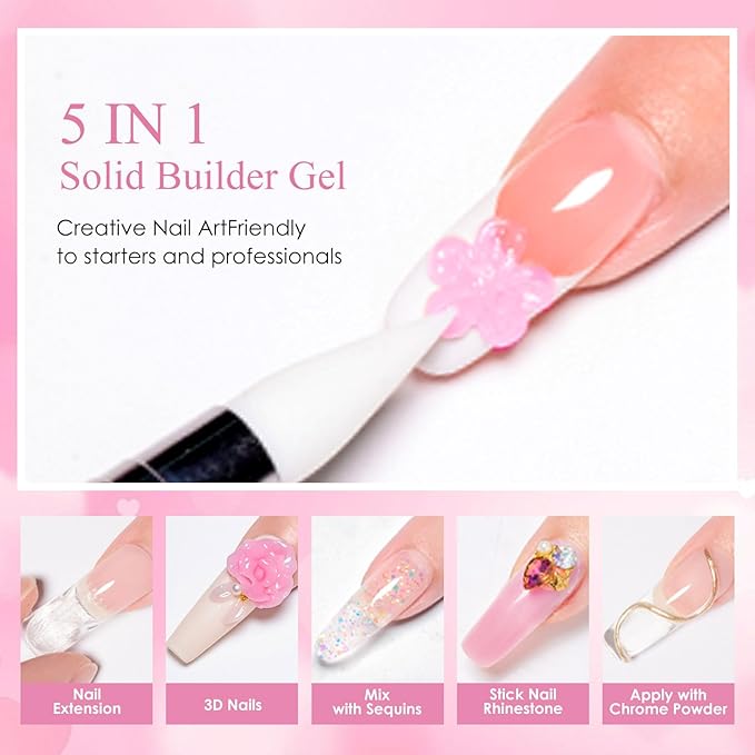 MEET ACROSS 7Pcs Solid Builder Nail Gel 5 IN 1 Solid Builder Gel for Nails Clear Pink Sliver Non-Stick Hand Nail Extension Gel Manicure DIY for Women
