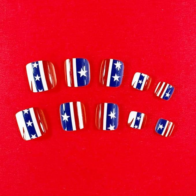 4th of July Press on Toenails Short Square Fake Toenails with Red Blue USA Flag Design White Star Glue on Toenails Glossy Summer Toenail Independence Day False Toenail for Women Girls Manicure 24Pcs