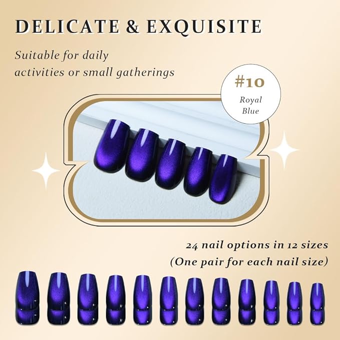 evpct Royal Blue Cat Eye Coffin Press on Nails Square Medium, Medium Square Stick on Nail for Women Gift, Royal Blue Metallic Glitter Glossy Reusable Soft Gel Press on Acrylic Fake Nails with Designs