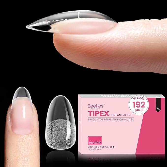 Beetles Tipex Instant Apex Nail Tips, Oval Short, 16 Sizes (00–14), 192pcs, Built-In Apex, No Builder Gel Required, Thicker Strong Acrylic Tips for DIY Nail Extensions