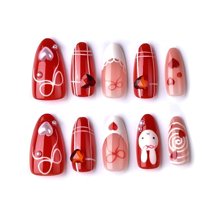 30Pcs Valentines Press on Nails Medium Almond Fake Nails 3D Heart False Nails Bow Nails Press Ons with Pearl Design Glossy Glue on Nail Heart Stick on Nail for Women Decoration Set