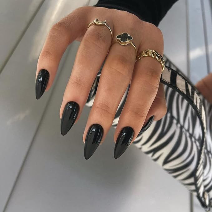 Black Press on Almond Shaped Medium Nails - Neutral Acrylic Reusable Fake Nails for Women Girls - Glue on Medium Length Stiletto False Nails - Soft Gel Artificial
