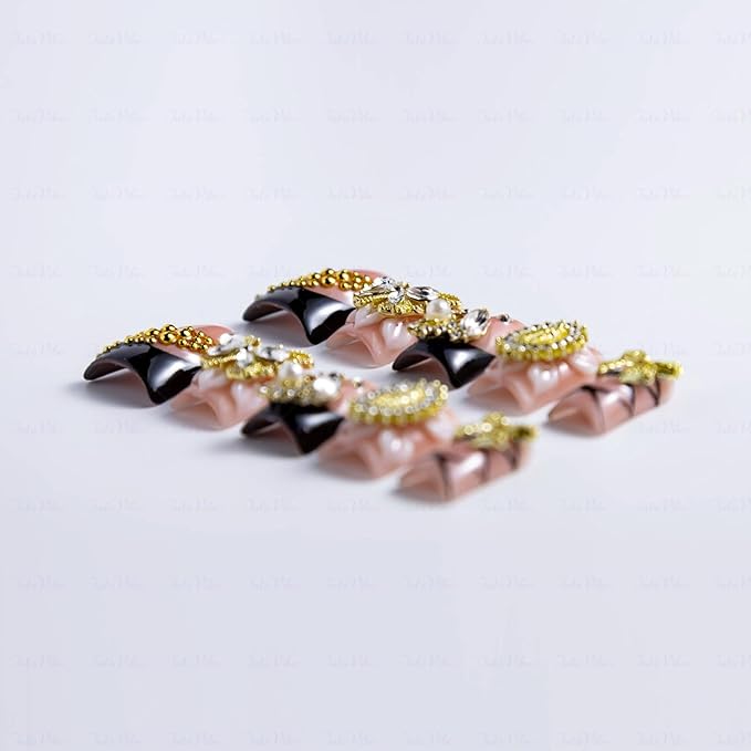 10 Pieces Luxury Acrylic Press On Nails Short Handmade Duck Nails, Pink And Black Thickened False French Nails, Golden Butterflies And Bows, Reusable Fake Nails, Acrylic Nails (S)